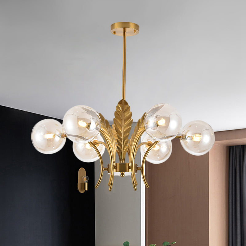 Sphere Ceiling Light Simplicity White/Pink/Cognac Glass 6-Bulb Drawing Room LED Hanging Chandelier with Leaf Decor Clearhalo 'Ceiling Lights' 'Chandeliers' 'Glass shade' 'Glass' 'Modern Chandeliers' 'Modern' Lighting' 1398957