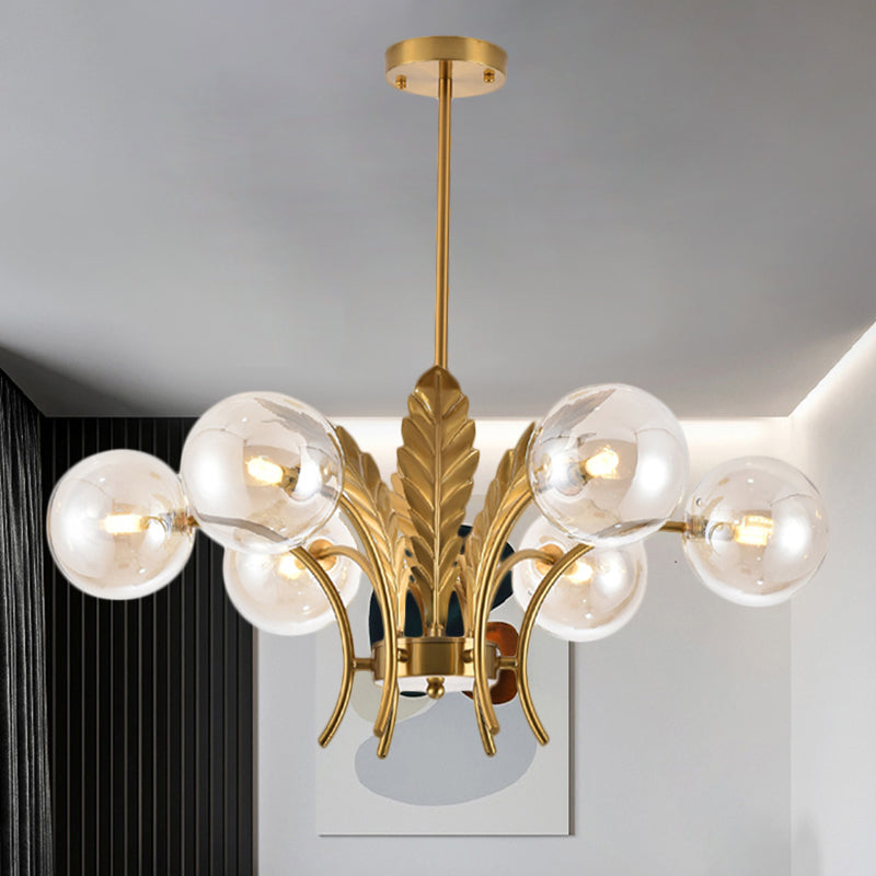 Sphere Ceiling Light Simplicity White/Pink/Cognac Glass 6-Bulb Drawing Room LED Hanging Chandelier with Leaf Decor Clearhalo 'Ceiling Lights' 'Chandeliers' 'Glass shade' 'Glass' 'Modern Chandeliers' 'Modern' Lighting' 1398958