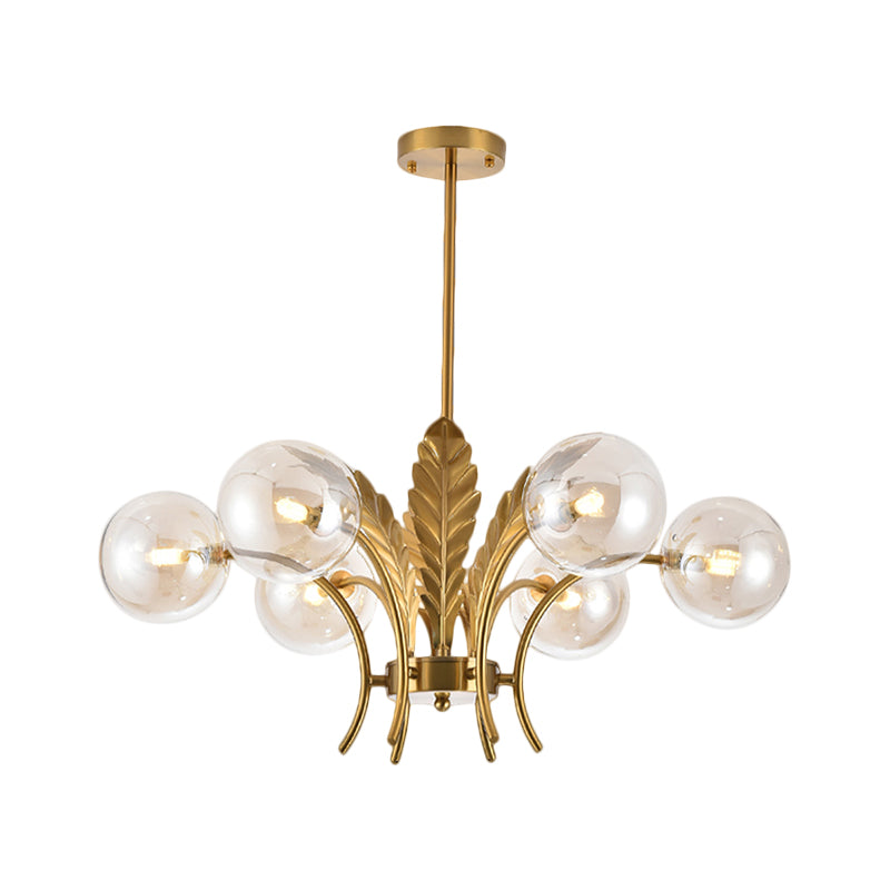 Sphere Ceiling Light Simplicity White/Pink/Cognac Glass 6-Bulb Drawing Room LED Hanging Chandelier with Leaf Decor Clearhalo 'Ceiling Lights' 'Chandeliers' 'Glass shade' 'Glass' 'Modern Chandeliers' 'Modern' Lighting' 1398959
