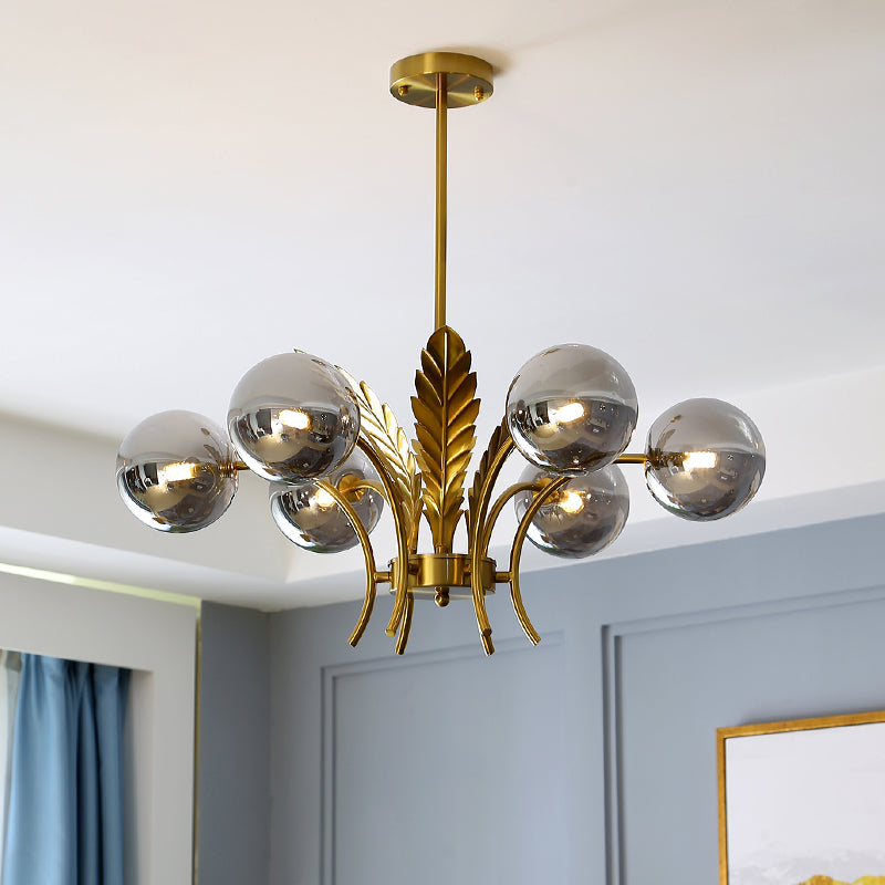Sphere Ceiling Light Simplicity White/Pink/Cognac Glass 6-Bulb Drawing Room LED Hanging Chandelier with Leaf Decor Smoke Gray Clearhalo 'Ceiling Lights' 'Chandeliers' 'Glass shade' 'Glass' 'Modern Chandeliers' 'Modern' Lighting' 1398960