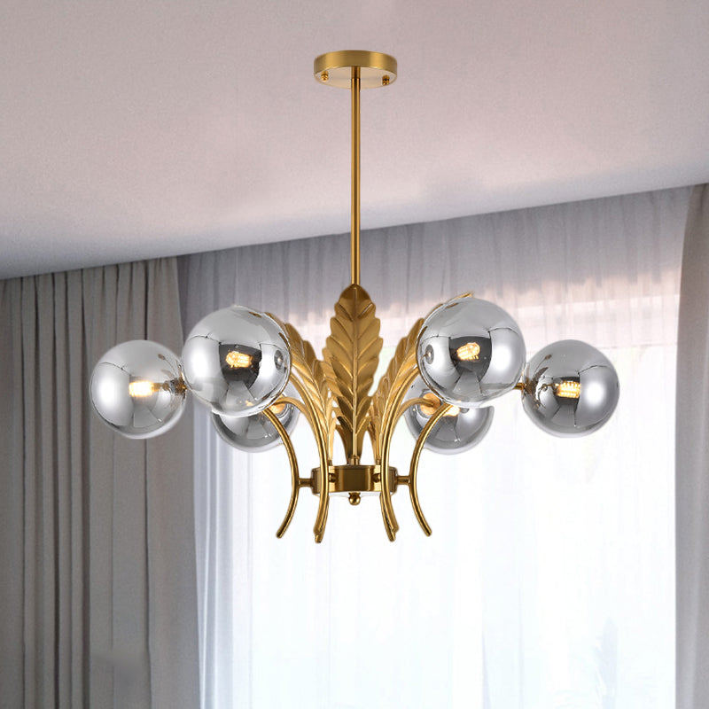 Sphere Ceiling Light Simplicity White/Pink/Cognac Glass 6-Bulb Drawing Room LED Hanging Chandelier with Leaf Decor Clearhalo 'Ceiling Lights' 'Chandeliers' 'Glass shade' 'Glass' 'Modern Chandeliers' 'Modern' Lighting' 1398961