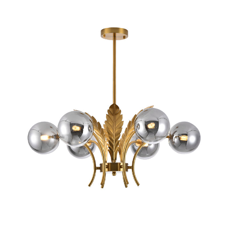 Sphere Ceiling Light Simplicity White/Pink/Cognac Glass 6-Bulb Drawing Room LED Hanging Chandelier with Leaf Decor Clearhalo 'Ceiling Lights' 'Chandeliers' 'Glass shade' 'Glass' 'Modern Chandeliers' 'Modern' Lighting' 1398963