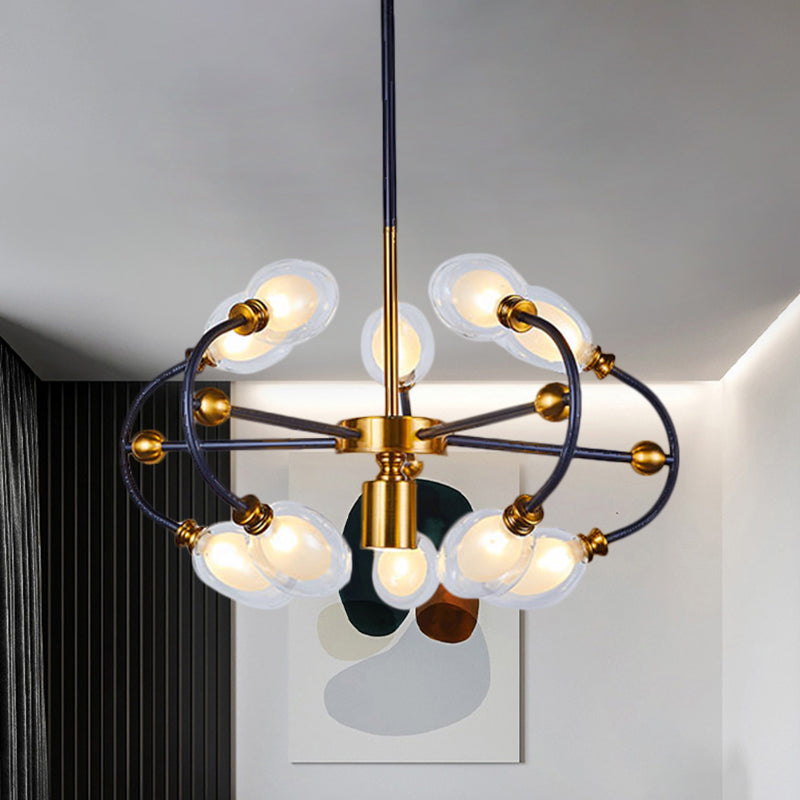 Clear Glass Oval Down Lighting Minimalism 10/12/16-Head Black-Gold Pendant Chandelier with Curvy Arm Clearhalo 'Ceiling Lights' 'Chandeliers' 'Close To Ceiling Lights' 'Glass shade' 'Glass' 'Modern Chandeliers' 'Modern' Lighting' 1399196