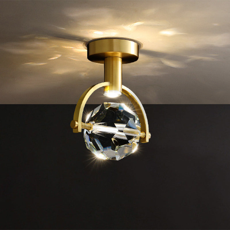 Beveled Hexahedron/Ball Clear Crystal Semi Flush Modern LED Porch Ceiling Mounted Light in Brass Brass A Clearhalo 'Ceiling Lights' 'Close To Ceiling Lights' 'Close to ceiling' 'Semi-flushmount' Lighting' 1399469