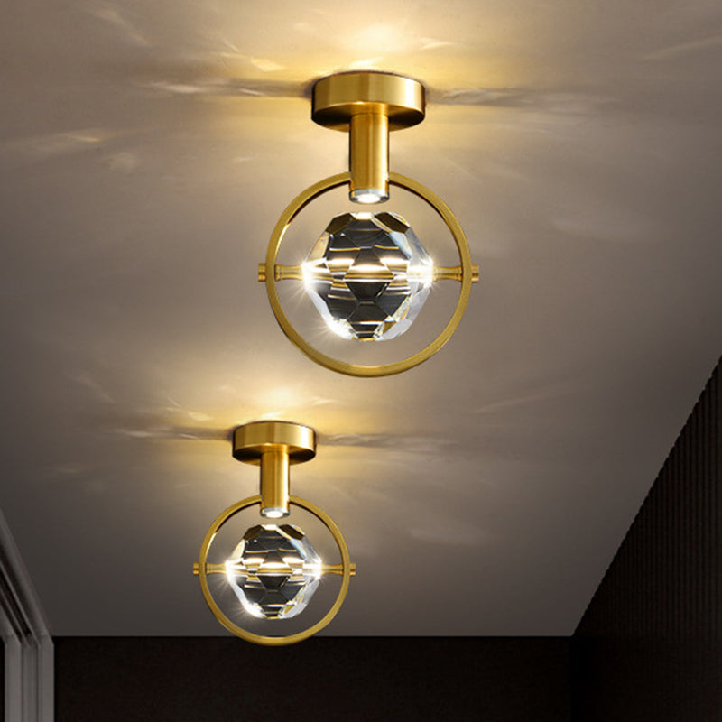 Beveled Hexahedron/Ball Clear Crystal Semi Flush Modern LED Porch Ceiling Mounted Light in Brass Brass B Clearhalo 'Ceiling Lights' 'Close To Ceiling Lights' 'Close to ceiling' 'Semi-flushmount' Lighting' 1399473