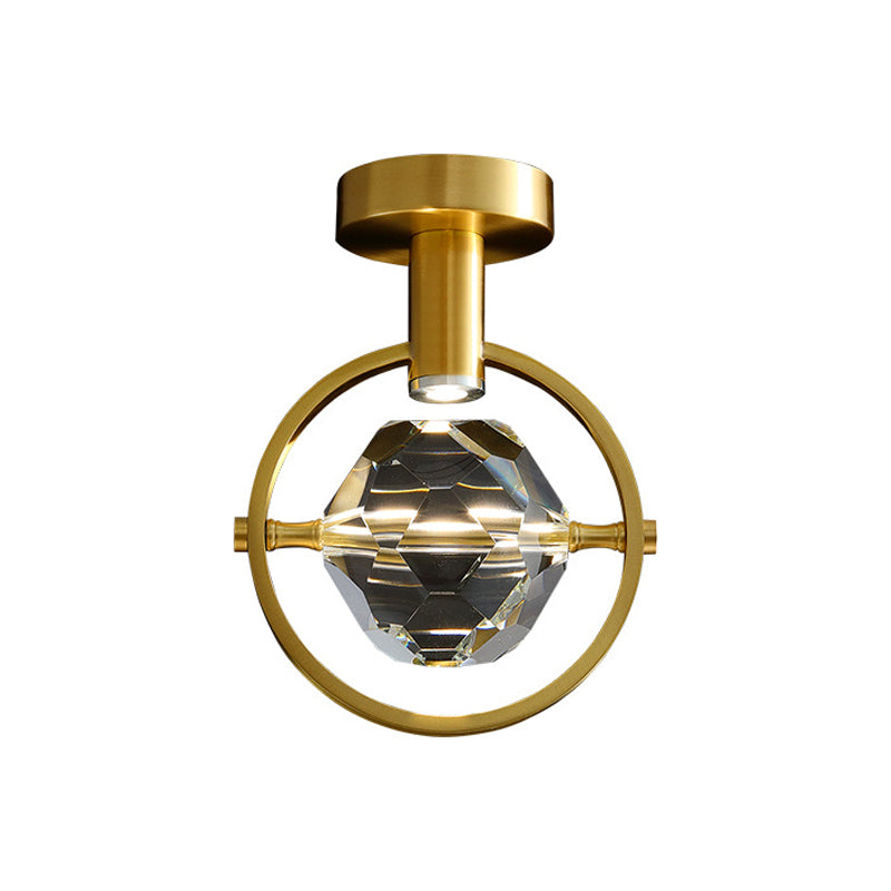 Beveled Hexahedron/Ball Clear Crystal Semi Flush Modern LED Porch Ceiling Mounted Light in Brass Clearhalo 'Ceiling Lights' 'Close To Ceiling Lights' 'Close to ceiling' 'Semi-flushmount' Lighting' 1399476