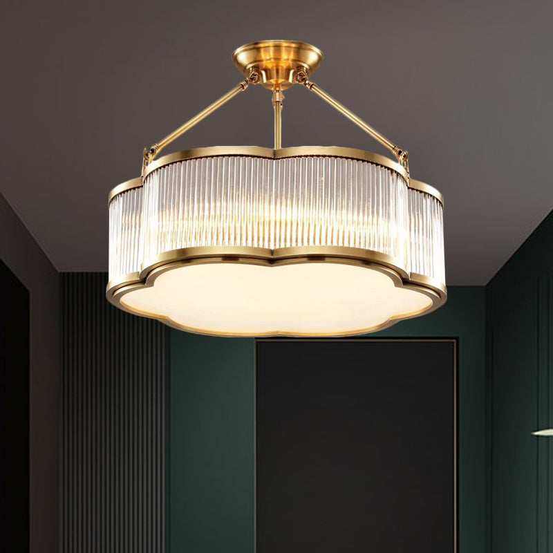 Crystal Floral Drum Semi Flush Light Fixture Contemporary 19.5"/23.5" Wide 5/6 Heads Bedchamber Ceiling Lamp in Gold Gold Clearhalo 'Ceiling Lights' 'Close To Ceiling Lights' 'Close to ceiling' 'Semi-flushmount' Lighting' 1399478