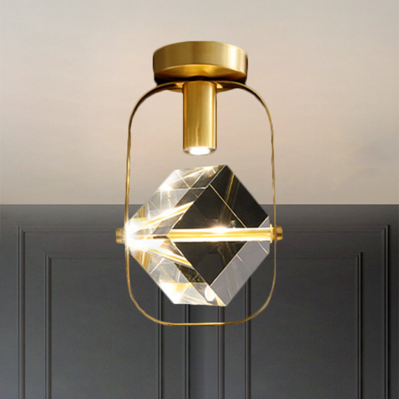 LED Ceiling Flush Mount Modern Rectangular Ring Crystal Cube Semi Flush Light Fixture in Brass Clearhalo 'Ceiling Lights' 'Close To Ceiling Lights' 'Close to ceiling' 'Semi-flushmount' Lighting' 1399484