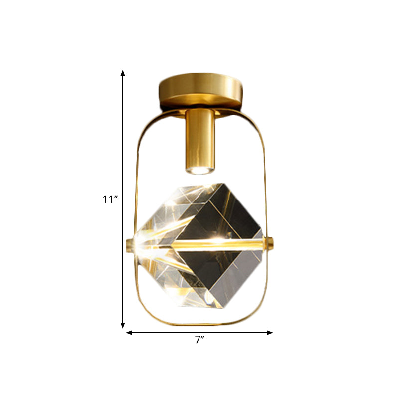 LED Ceiling Flush Mount Modern Rectangular Ring Crystal Cube Semi Flush Light Fixture in Brass Clearhalo 'Ceiling Lights' 'Close To Ceiling Lights' 'Close to ceiling' 'Semi-flushmount' Lighting' 1399486