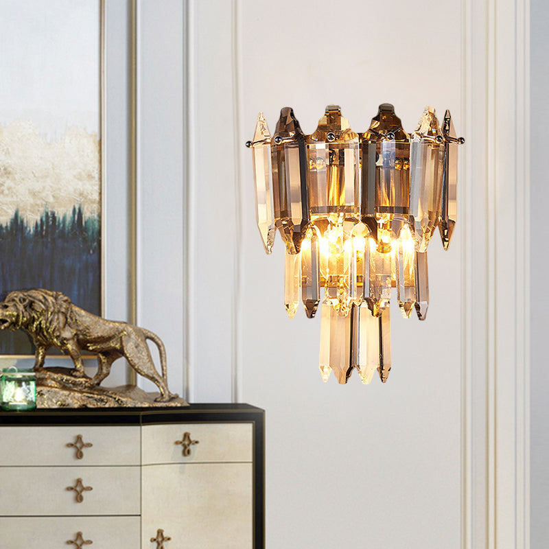 2 Heads Tapered Flush Wall Sconce Modern Gold Crystal Shuttles Wall Mount Light Fixture Gold Clearhalo 'Modern wall lights' 'Modern' 'Wall Lamps & Sconces' 'Wall Lights' Lighting' 1399651
