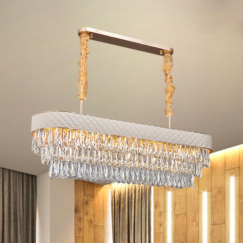 Drum Crystal Drops Island Lighting Modern 12 Heads Dinning Room Pendant with White Leatherwear Detail Clear Clearhalo 'Ceiling Lights' 'Island Lights' Lighting' 1399780