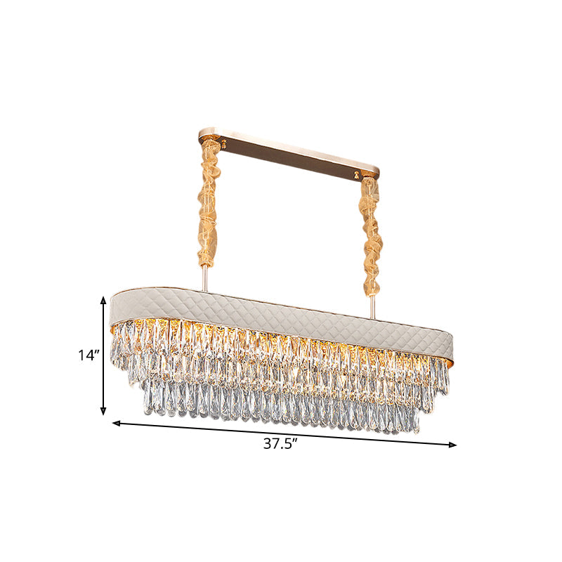 Drum Crystal Drops Island Lighting Modern 12 Heads Dinning Room Pendant with White Leatherwear Detail Clearhalo 'Ceiling Lights' 'Island Lights' Lighting' 1399783