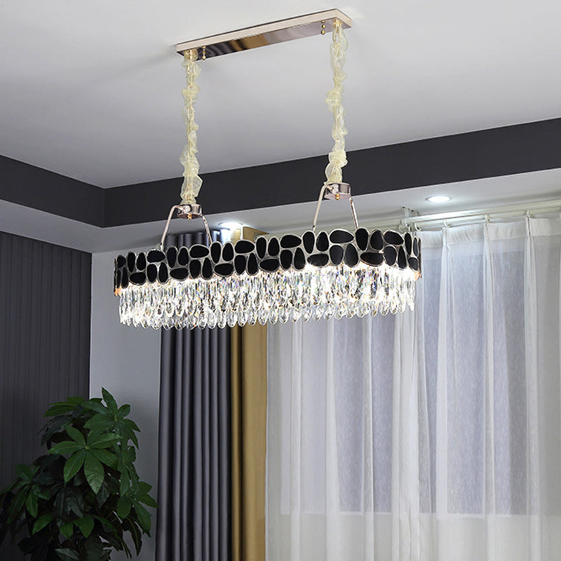 Black Finish 8 Heads Island Lamp Modern Clear Crystal Prisms Oval Island Light Fixture Black Clearhalo 'Ceiling Lights' 'Island Lights' Lighting' 1399802