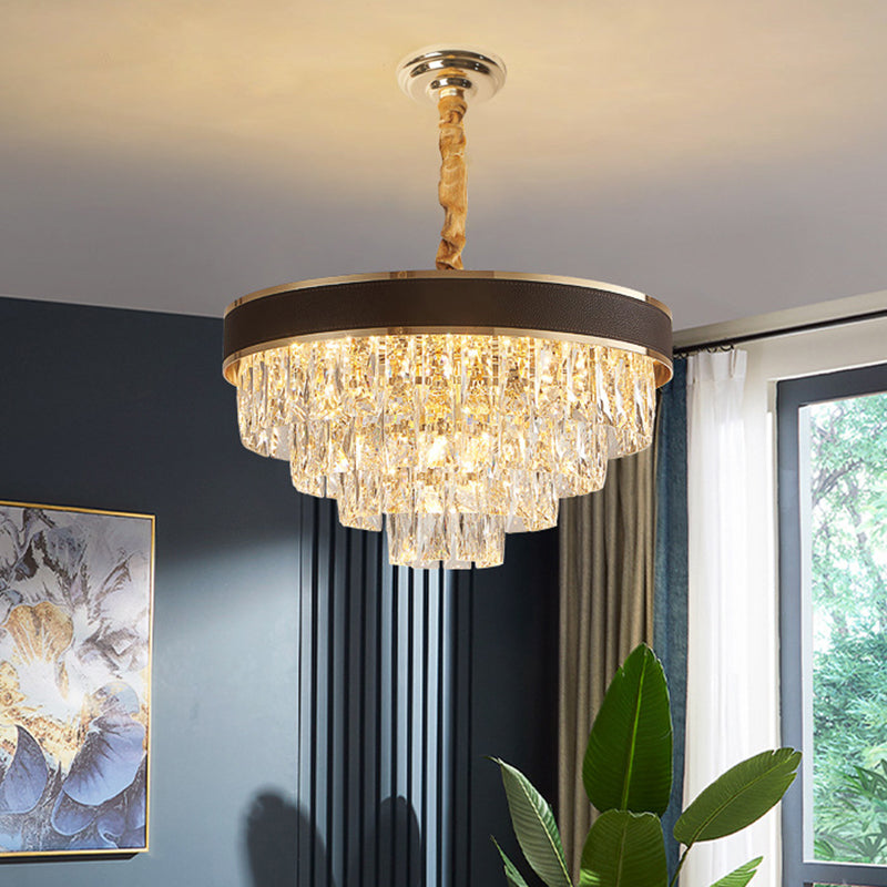 Tapered Clear Crystal Blocks Ceiling Chandelier Modern 8/10 Heads Sitting Room Suspension Lamp, 18"/23.5" Width Clear 18" Clearhalo 'Ceiling Lights' 'Chandeliers' 'Clear' 'Industrial' 'Modern Chandeliers' 'Modern' 'Tiffany' 'Traditional Chandeliers' Lighting' 1399839