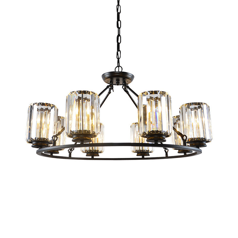 Contemporary Ring Ceiling Chandelier 6/8 Bulbs Clear Crystal Cylinder Shade Suspension Lamp in Black Clearhalo 'Ceiling Lights' 'Chandeliers' 'Modern Chandeliers' 'Modern' Lighting' 1399935