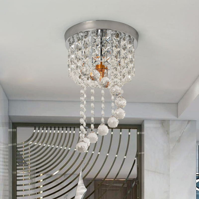 1 Bulb Flush Mount Lamp Modern Round Clear Crystal Strands Spiral Light Fixture Ceiling Clearhalo 'Ceiling Lights' 'Close To Ceiling Lights' 'Close to ceiling' 'Flush mount' Lighting' 1400024