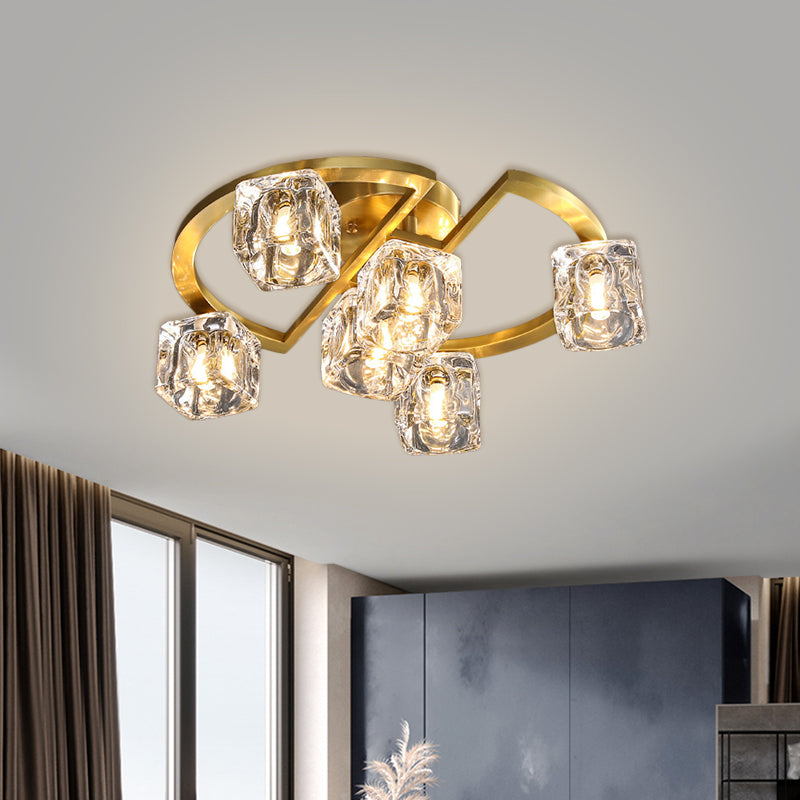 Semicircle Frame Parlour Lighting Fixture Contemporary Clear Glass Cubic Shade 6/8 Heads Gold Semi Flush 6 Clear Clearhalo 'Ceiling Lights' 'Close To Ceiling Lights' 'Close to ceiling' 'Semi-flushmount' Lighting' 1400175