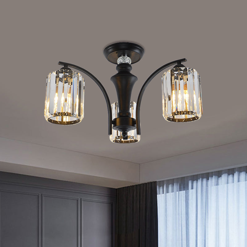 3/6 Bulbs Semi Flush Modern Clear Crystal Cylindrical Shade Light Fixture Ceiling in Black 3 Black Clearhalo 'Ceiling Lights' 'Close To Ceiling Lights' 'Close to ceiling' 'Semi-flushmount' Lighting' 1400186