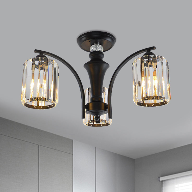 3/6 Bulbs Semi Flush Modern Clear Crystal Cylindrical Shade Light Fixture Ceiling in Black Clearhalo 'Ceiling Lights' 'Close To Ceiling Lights' 'Close to ceiling' 'Semi-flushmount' Lighting' 1400187