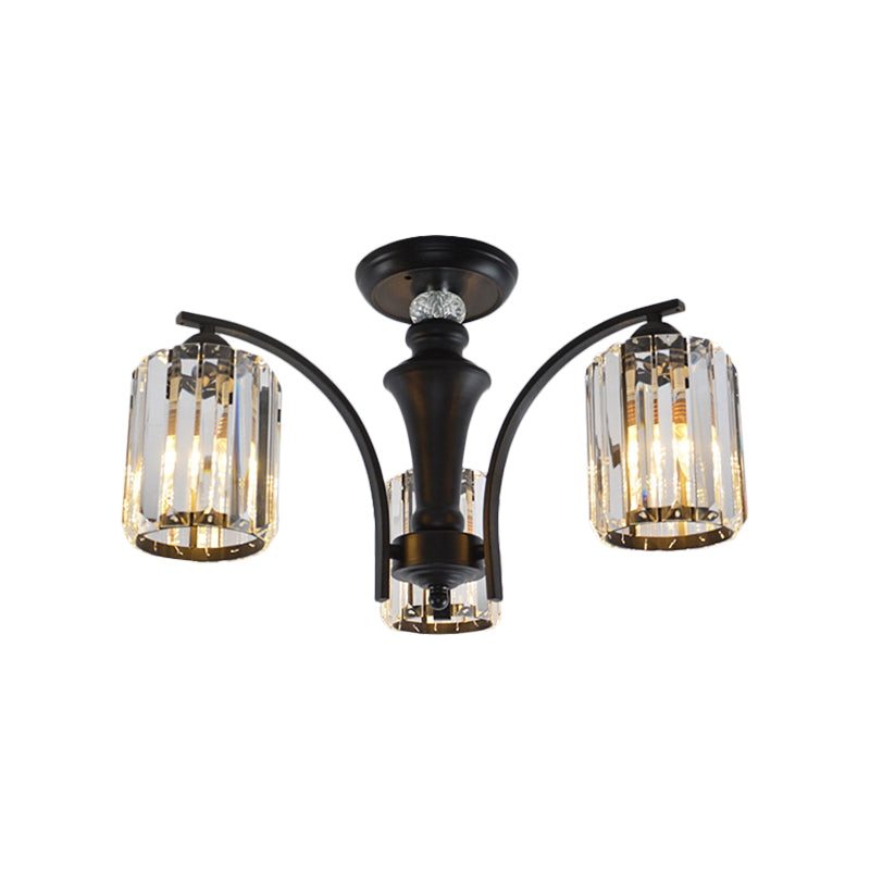 3/6 Bulbs Semi Flush Modern Clear Crystal Cylindrical Shade Light Fixture Ceiling in Black Clearhalo 'Ceiling Lights' 'Close To Ceiling Lights' 'Close to ceiling' 'Semi-flushmount' Lighting' 1400188