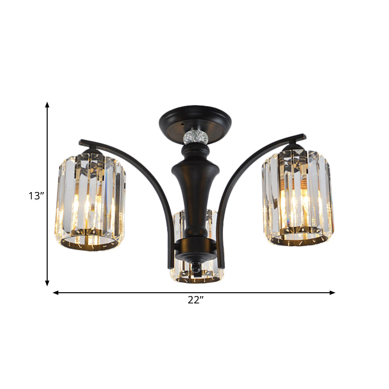 3/6 Bulbs Semi Flush Modern Clear Crystal Cylindrical Shade Light Fixture Ceiling in Black Clearhalo 'Ceiling Lights' 'Close To Ceiling Lights' 'Close to ceiling' 'Semi-flushmount' Lighting' 1400189