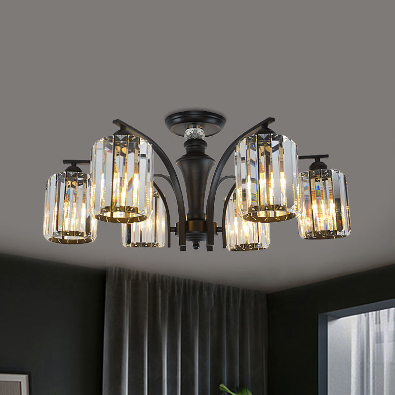 3/6 Bulbs Semi Flush Modern Clear Crystal Cylindrical Shade Light Fixture Ceiling in Black Clearhalo 'Ceiling Lights' 'Close To Ceiling Lights' 'Close to ceiling' 'Semi-flushmount' Lighting' 1400191