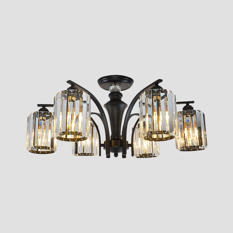 3/6 Bulbs Semi Flush Modern Clear Crystal Cylindrical Shade Light Fixture Ceiling in Black Clearhalo 'Ceiling Lights' 'Close To Ceiling Lights' 'Close to ceiling' 'Semi-flushmount' Lighting' 1400193