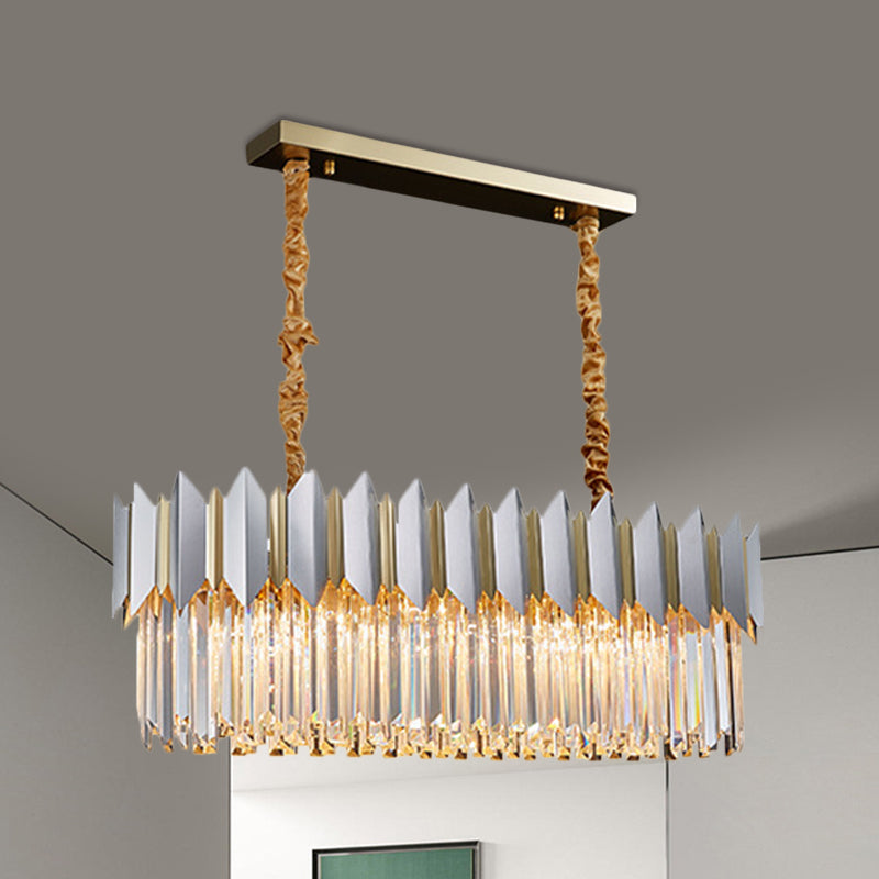 Silver Finish 10 Bulbs Island Light Contemporary Crystal Prisms Oval Rectangle Pendant Lighting Clearhalo 'Ceiling Lights' 'Island Lights' Lighting' 1400240