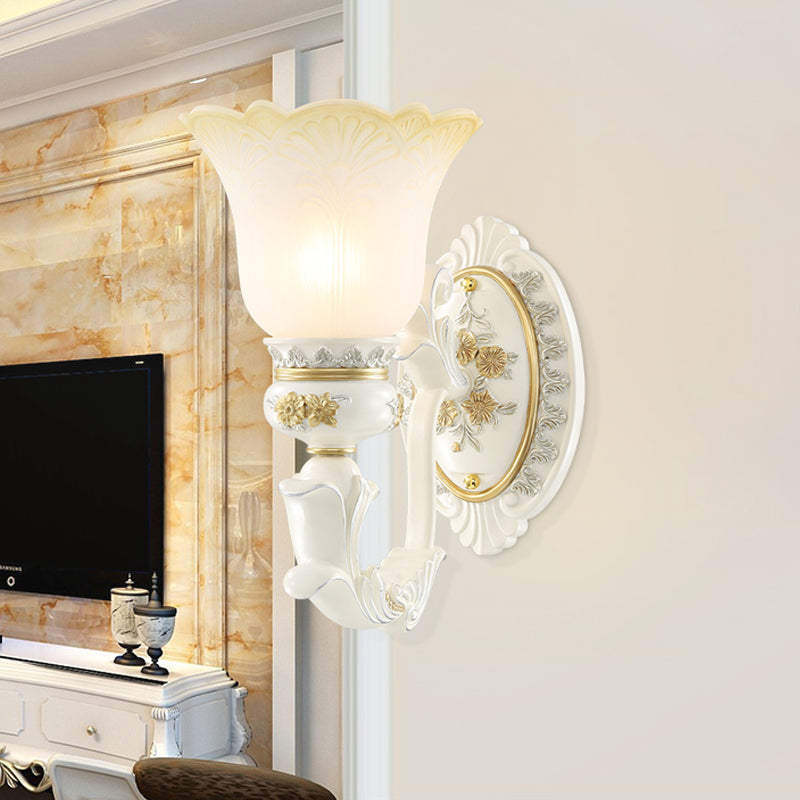 Flared Pattern Glass Sconce Lighting Antiqued 1/2-Light Dining Room Wall Mount Light Fixture in White 1.0 White Clearhalo 'Wall Lamps & Sconces' 'Wall Lights' Lighting' 1400271