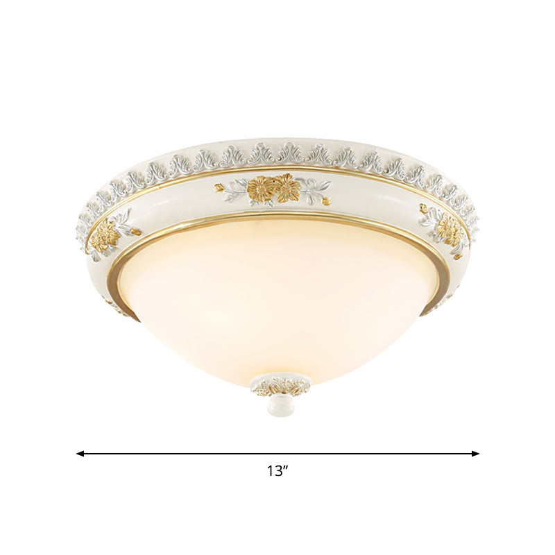 White 2/3 Heads Ceiling Flush Traditional Milk Glass Dome Flushmount Lighting for Bedroom, 13"/14.5"/18.5" Dia Clearhalo 'Ceiling Lights' 'Close To Ceiling Lights' 'Close to ceiling' 'Flush mount' Lighting' 1400419