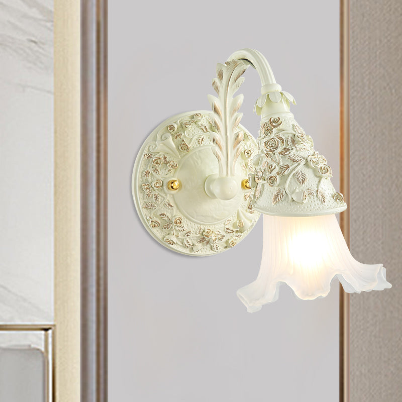 Ruffled Bath Vanity Wall Sconce Antique Frosted Glass 1/2/3-Bulb White Wall Mount Light Fixture 1.0 White Clearhalo 'Vanity Lights' 'Wall Lights' Lighting' 1400471