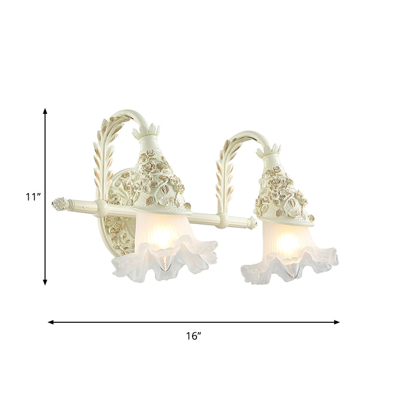 Ruffled Bath Vanity Wall Sconce Antique Frosted Glass 1/2/3-Bulb White Wall Mount Light Fixture Clearhalo 'Vanity Lights' 'Wall Lights' Lighting' 1400479
