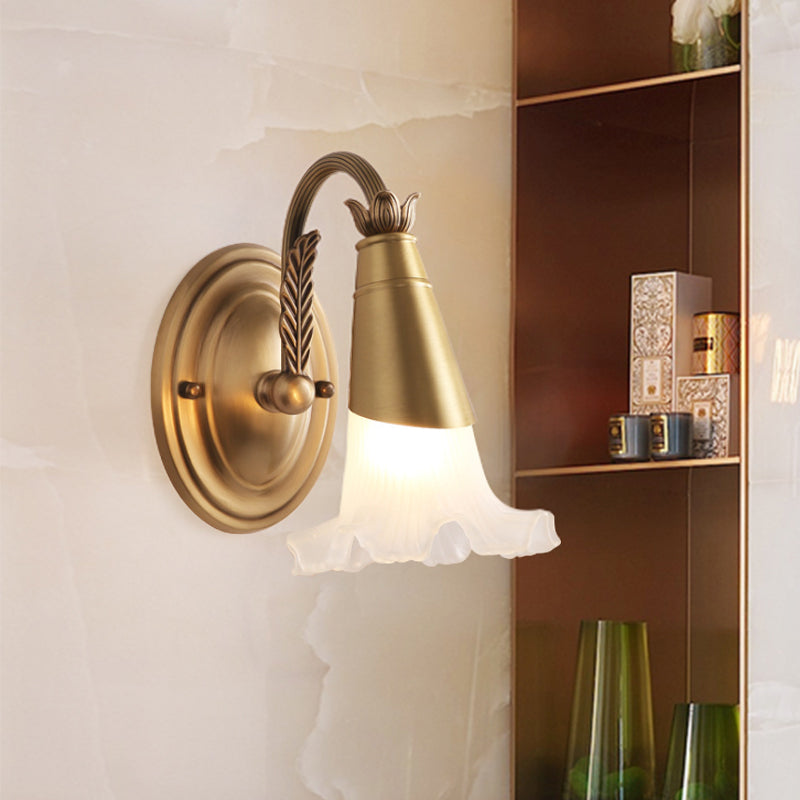 Gold Cone Vanity Lighting Traditional White Glass 1/2/3-Head Bathroom Wall Lamp with Lettuce Trim 1.0 Gold Clearhalo 'Vanity Lights' 'Wall Lights' Lighting' 1400494