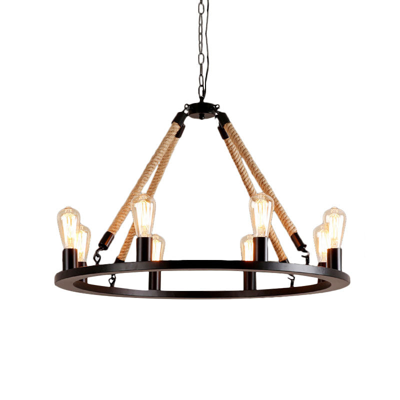 Metallic Circular Hanging Lamp with Exposed Bulb and Rope Vintage 6/8 Lights Dining Room Suspension Light in Brown Clearhalo 'Cast Iron' 'Ceiling Lights' 'Chandeliers' 'Industrial Chandeliers' 'Industrial' 'Metal' 'Middle Century Chandeliers' 'Rustic Chandeliers' 'Tiffany' Lighting' 1400539