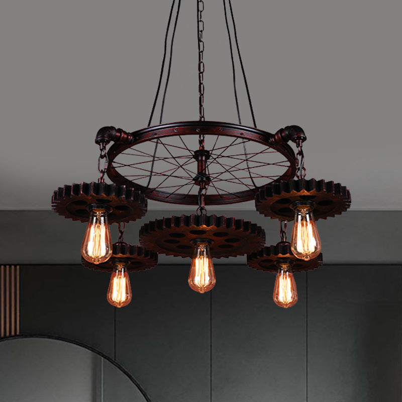 3/5/7 Heads Exposed Bulb Chandelier Light with Gear Deco Farmhouse Style Rust Metallic Ceiling Lamp for Bar Clearhalo 'Cast Iron' 'Ceiling Lights' 'Chandeliers' 'Industrial Chandeliers' 'Industrial' 'Metal' 'Middle Century Chandeliers' 'Rustic Chandeliers' 'Tiffany' Lighting' 1400610