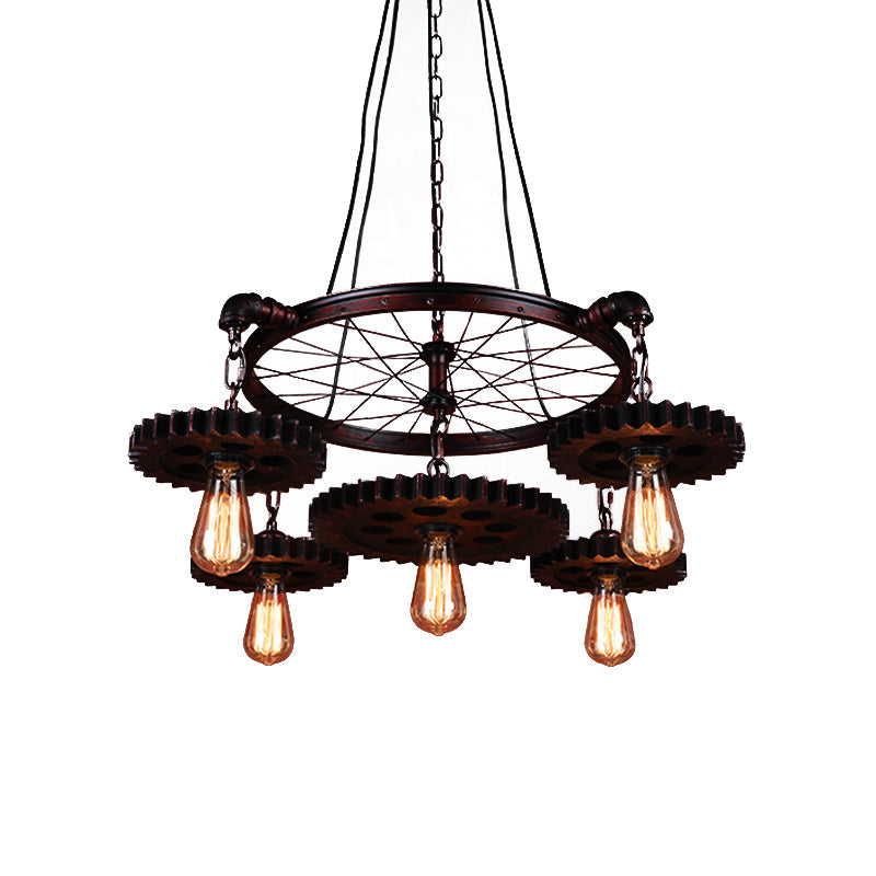 3/5/7 Heads Exposed Bulb Chandelier Light with Gear Deco Farmhouse Style Rust Metallic Ceiling Lamp for Bar Clearhalo 'Cast Iron' 'Ceiling Lights' 'Chandeliers' 'Industrial Chandeliers' 'Industrial' 'Metal' 'Middle Century Chandeliers' 'Rustic Chandeliers' 'Tiffany' Lighting' 1400611