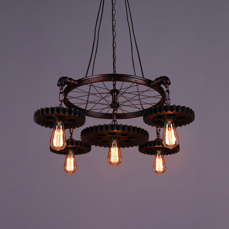 3/5/7 Heads Exposed Bulb Chandelier Light with Gear Deco Farmhouse Style Rust Metallic Ceiling Lamp for Bar Clearhalo 'Cast Iron' 'Ceiling Lights' 'Chandeliers' 'Industrial Chandeliers' 'Industrial' 'Metal' 'Middle Century Chandeliers' 'Rustic Chandeliers' 'Tiffany' Lighting' 1400612