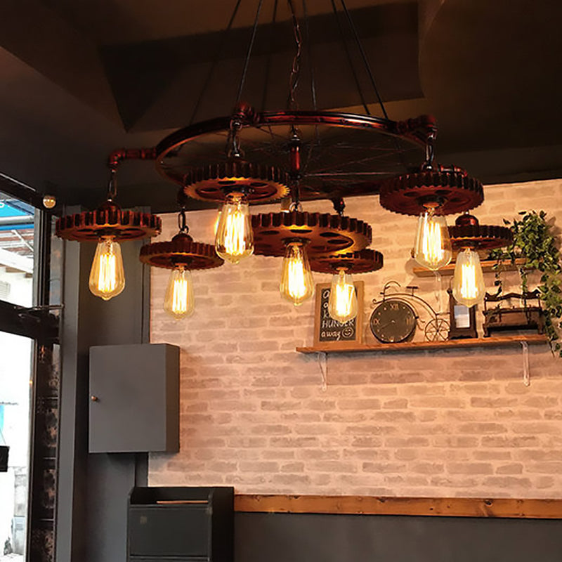 3/5/7 Heads Exposed Bulb Chandelier Light with Gear Deco Farmhouse Style Rust Metallic Ceiling Lamp for Bar Clearhalo 'Cast Iron' 'Ceiling Lights' 'Chandeliers' 'Industrial Chandeliers' 'Industrial' 'Metal' 'Middle Century Chandeliers' 'Rustic Chandeliers' 'Tiffany' Lighting' 1400615