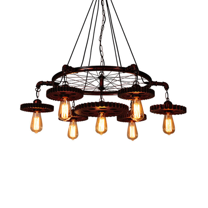 3/5/7 Heads Exposed Bulb Chandelier Light with Gear Deco Farmhouse Style Rust Metallic Ceiling Lamp for Bar Clearhalo 'Cast Iron' 'Ceiling Lights' 'Chandeliers' 'Industrial Chandeliers' 'Industrial' 'Metal' 'Middle Century Chandeliers' 'Rustic Chandeliers' 'Tiffany' Lighting' 1400616