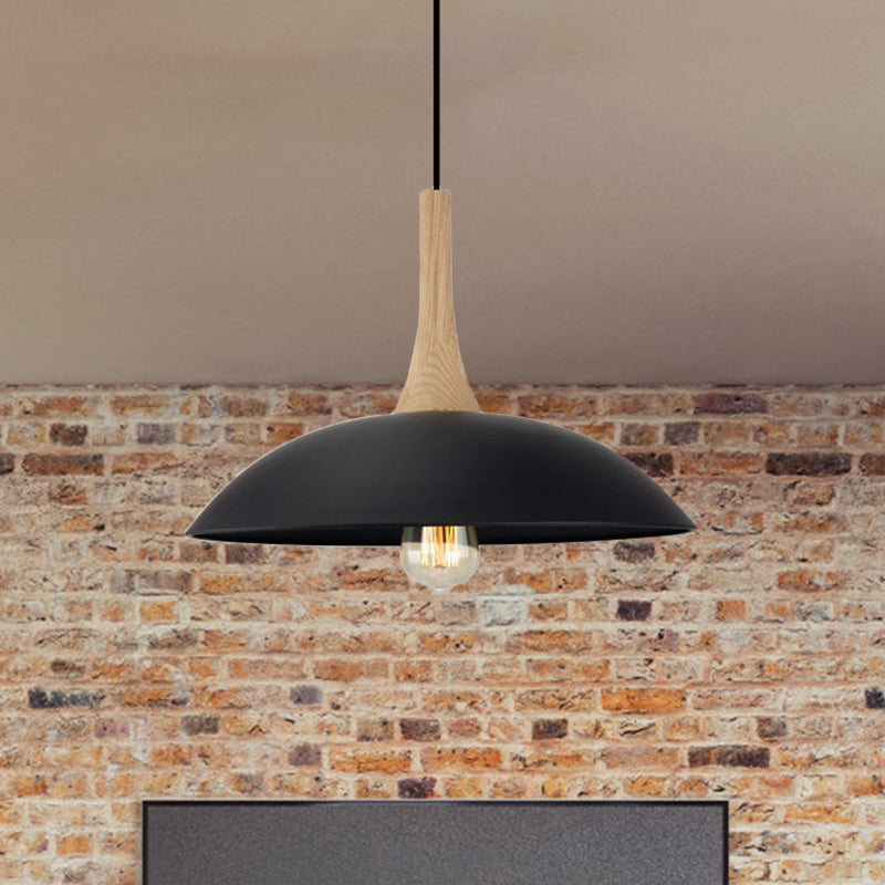 Modernism Style Bowl Ceiling Pendant 12.5"/16" W 1 Head Wood and Metal Hanging Light in Black/White over Table Clearhalo 'Art Deco Pendants' 'Black' 'Cast Iron' 'Ceiling Lights' 'Ceramic' 'Crystal' 'Industrial Pendants' 'Industrial' 'Metal' 'Middle Century Pendants' 'Pendant Lights' 'Pendants' 'Rustic Pendants' 'Tiffany' Lighting' 1401015