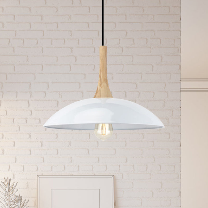 Modernism Style Bowl Ceiling Pendant 12.5"/16" W 1 Head Wood and Metal Hanging Light in Black/White over Table White Clearhalo 'Art Deco Pendants' 'Black' 'Cast Iron' 'Ceiling Lights' 'Ceramic' 'Crystal' 'Industrial Pendants' 'Industrial' 'Metal' 'Middle Century Pendants' 'Pendant Lights' 'Pendants' 'Rustic Pendants' 'Tiffany' Lighting' 1401019