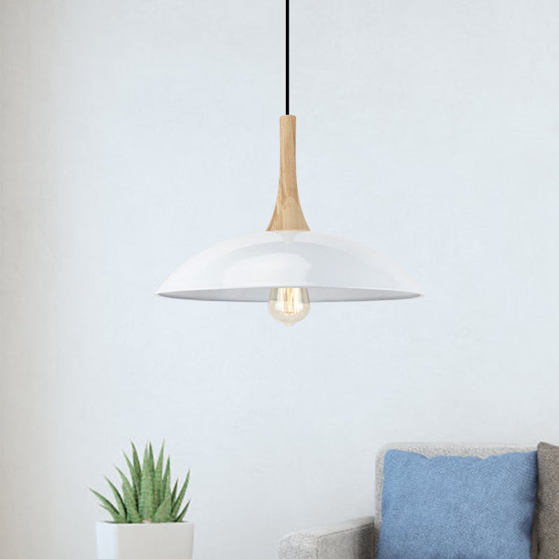 Modernism Style Bowl Ceiling Pendant 12.5"/16" W 1 Head Wood and Metal Hanging Light in Black/White over Table Clearhalo 'Art Deco Pendants' 'Black' 'Cast Iron' 'Ceiling Lights' 'Ceramic' 'Crystal' 'Industrial Pendants' 'Industrial' 'Metal' 'Middle Century Pendants' 'Pendant Lights' 'Pendants' 'Rustic Pendants' 'Tiffany' Lighting' 1401020