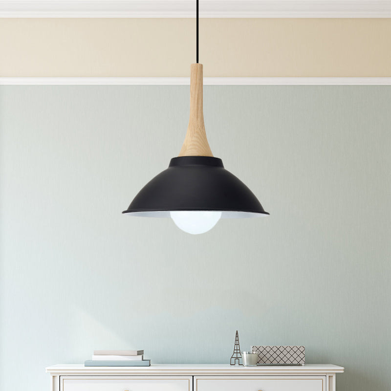 Bowl Living Room Hanging Lamp Contemporary Metal and Wood 1 Light Pendant Ceiling Light in Black Clearhalo 'Art Deco Pendants' 'Black' 'Cast Iron' 'Ceiling Lights' 'Ceramic' 'Crystal' 'Industrial Pendants' 'Industrial' 'Metal' 'Middle Century Pendants' 'Pendant Lights' 'Pendants' 'Rustic Pendants' 'Tiffany' Lighting' 1401089