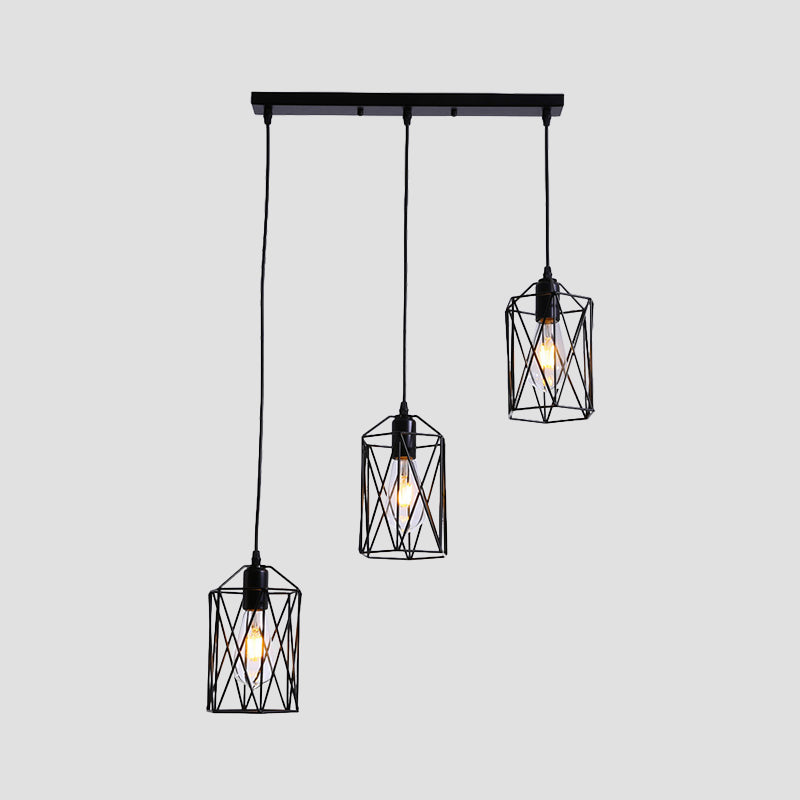 3 Heads Cylinder Cage Hanging Lighting Industrial Black Metallic Pendant Lamp in Black for Restaurant Clearhalo 'Art Deco Pendants' 'Black' 'Cast Iron' 'Ceiling Lights' 'Ceramic' 'Crystal' 'Industrial Pendants' 'Industrial' 'Metal' 'Middle Century Pendants' 'Pendant Lights' 'Pendants' 'Rustic Pendants' 'Tiffany' Lighting' 1401294