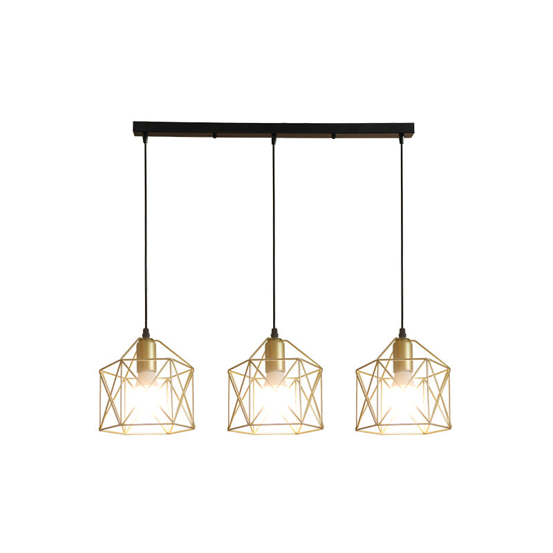 3 Lights Ceiling Light with Hexagon Cage Shade Iron Industrial Style Restaurant Hanging Light in Gold Clearhalo 'Ceiling Lights' 'Modern Pendants' 'Modern' 'Pendant Lights' 'Pendants' Lighting' 1401319
