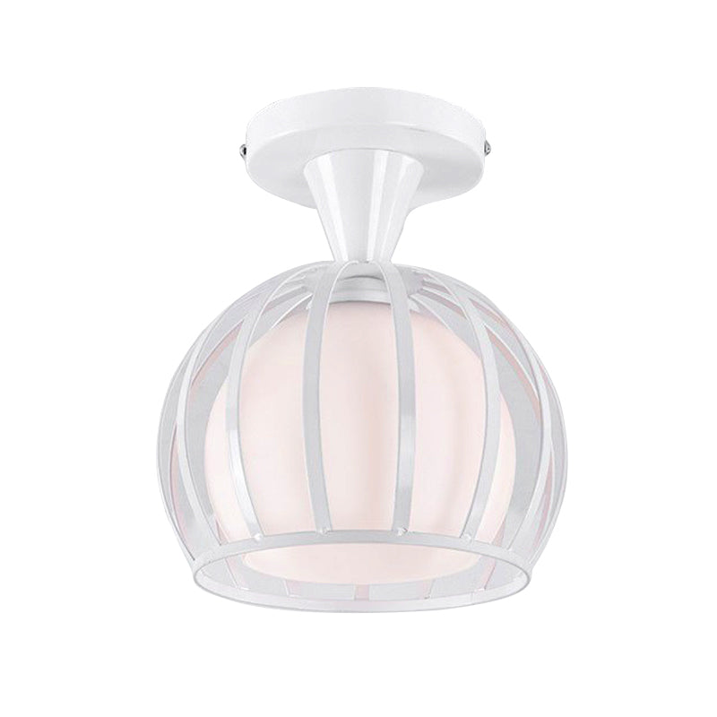 Domed Cage Metal Ceiling Light Fixture Vintage Style 1 Head Dining Room Semi Mount Lighting in Black/White Clearhalo 'Ceiling Lights' 'Close To Ceiling Lights' 'Close to ceiling' 'Glass shade' 'Glass' 'Pendant Lights' 'Semi-flushmount' Lighting' 140168
