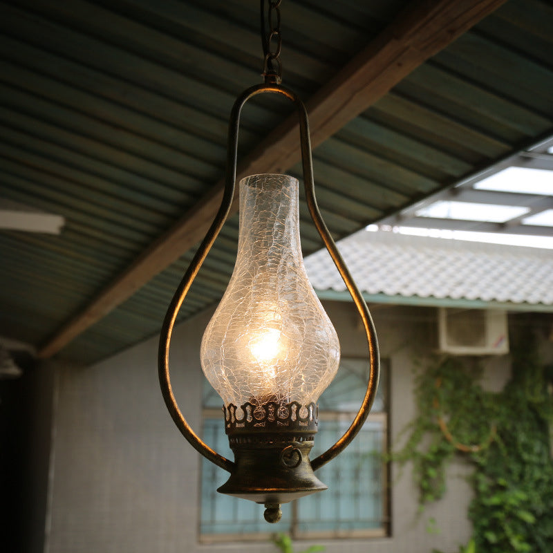 Antique Copper/Antique Bronze 1 Light Ceiling Pendant Light Industrial Crackle Glass Kerosene Hanging Lamp for Living Room Clearhalo 'Ceiling Lights' 'Chandeliers' 'Glass shade' 'Glass' 'Industrial Pendants' 'Industrial' 'Middle Century Pendants' 'Pendant Lights' 'Pendants' 'Tiffany' Lighting' 140284