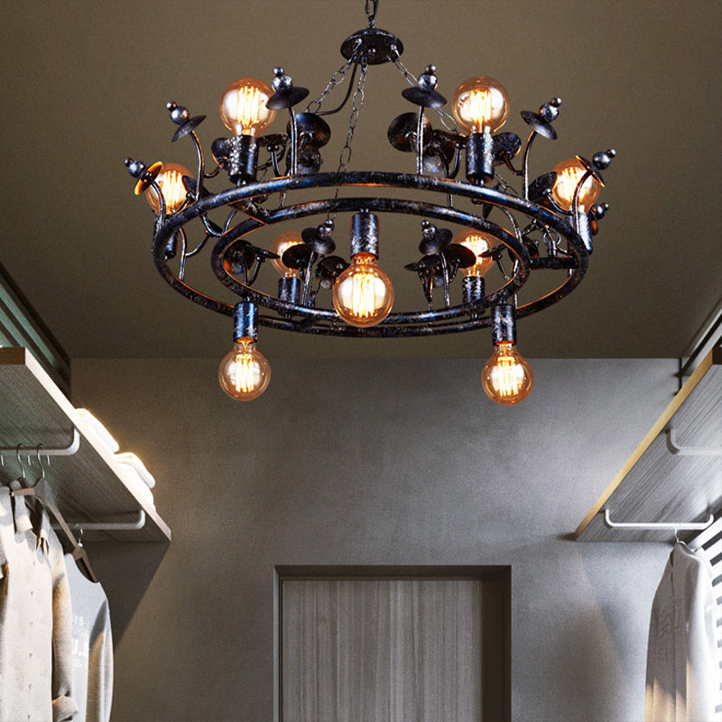 Multi Light Round Chandelier Light Open Bulb Metal Rustic Pendant Lighting in Black Black Clearhalo 'Ceiling Lights' 'Chandeliers' Lighting' options 140370_e24a27fd-329d-49b1-aa56-b19aaea1bca6