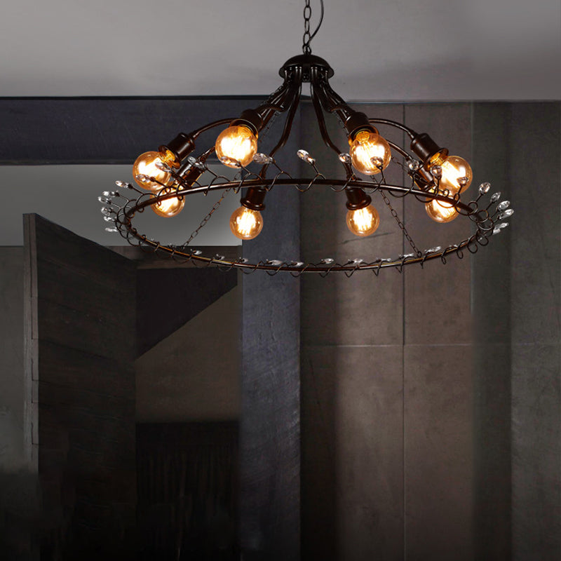 Ring Suspension Light with Clear Crystal Bead Retro Country 8 Lights Metallic Chandelier Light Clearhalo 'Ceiling Lights' 'Chandeliers' Lighting' options 140398