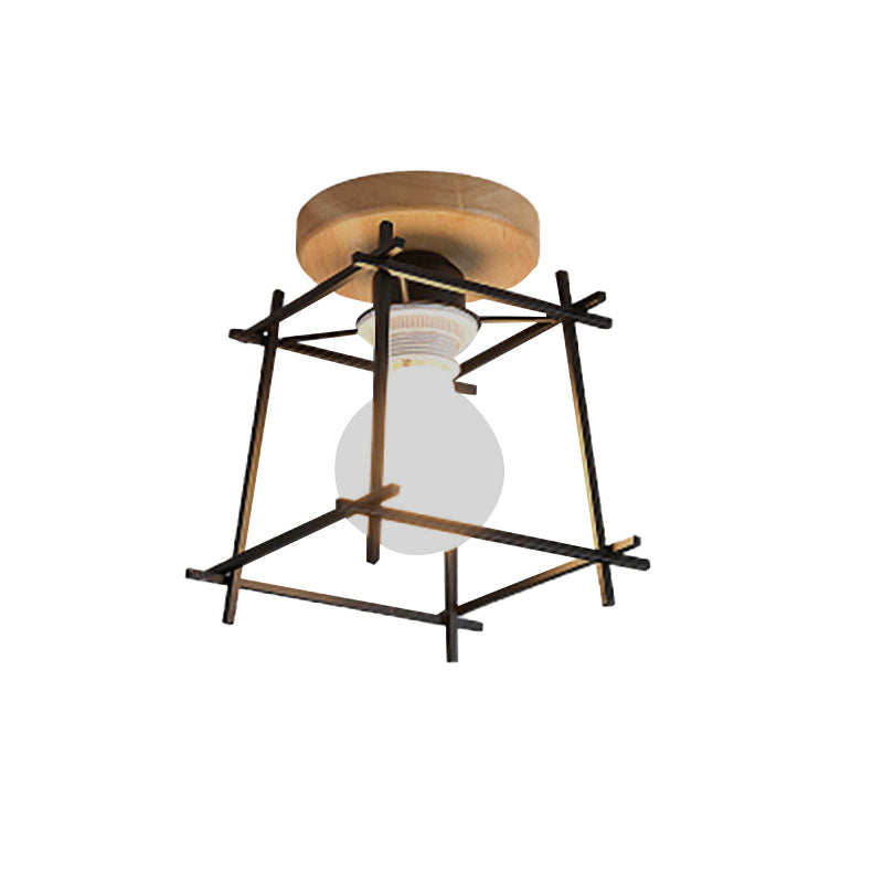 1 Head Iron Ceiling Lighting Retro Style Black/White Global/Squared Cage Shade Porch Rotatable Semi Flush Mount Light Clearhalo 'Ceiling Lights' 'Close To Ceiling Lights' 'Close to ceiling' 'Semi-flushmount' Lighting' 140485